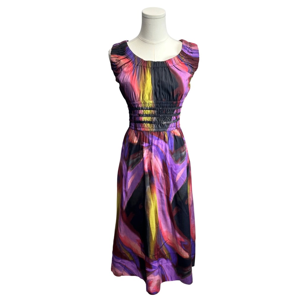 Nicole Miller Milkmaid Midi Dress Multicolor Colorful Abstract Smocked Boho Sz M
